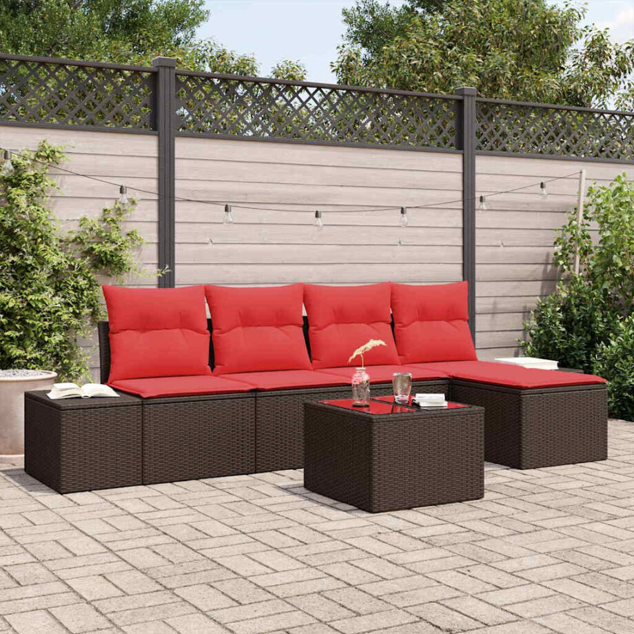 vidaXL Tuin Sofa Set 5 st Bruin en Rood poly rattan vidaXL Tuin Sofa Set 5 st Bruin en Rood poly rattan afbeelding 1