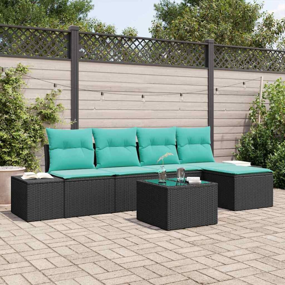 vidaXL Tuin Sofa Set 5 st Zwart en Turquoise poly rattan afbeelding 1