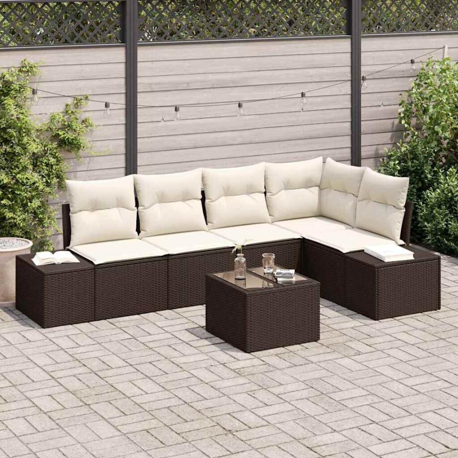 vidaXL Tuin Sofa Set met kussen met opslag 6 pcs Bruin en Crème afbeelding 1