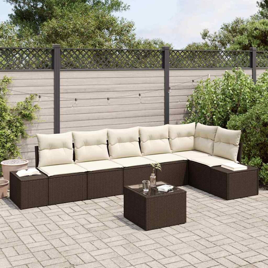 vidaXL Tuin Sofa Set met kussen 7 pcs Bruin en Crème poly rattan afbeelding 1