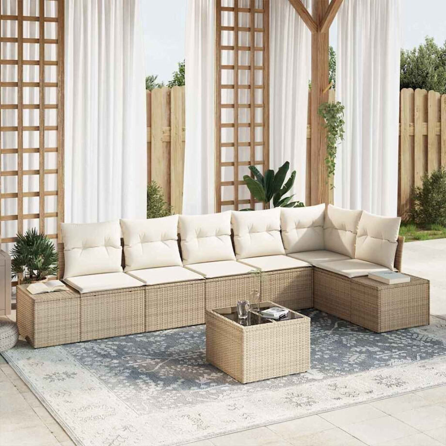 vidaXL Tuin Sofa Set met kussen met opslag 7 pcs Beige en Crème afbeelding 1