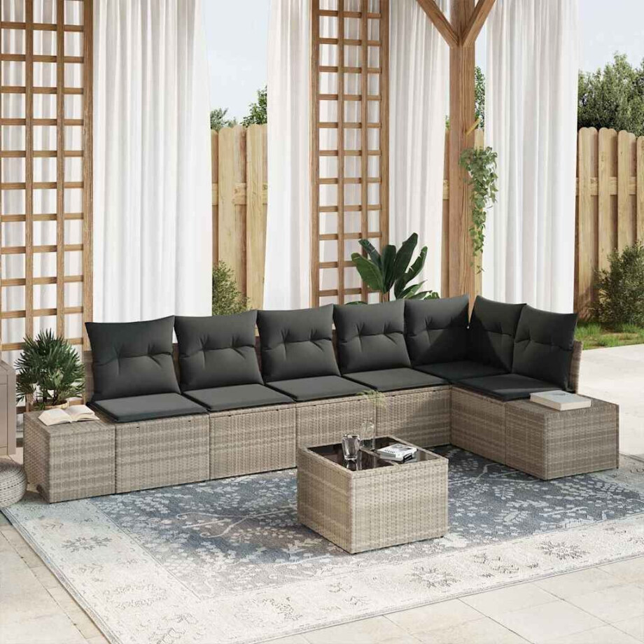 vidaXL Tuin Sofa Set met kussen 7 pcs Lichtgrijs poly rattan afbeelding 1