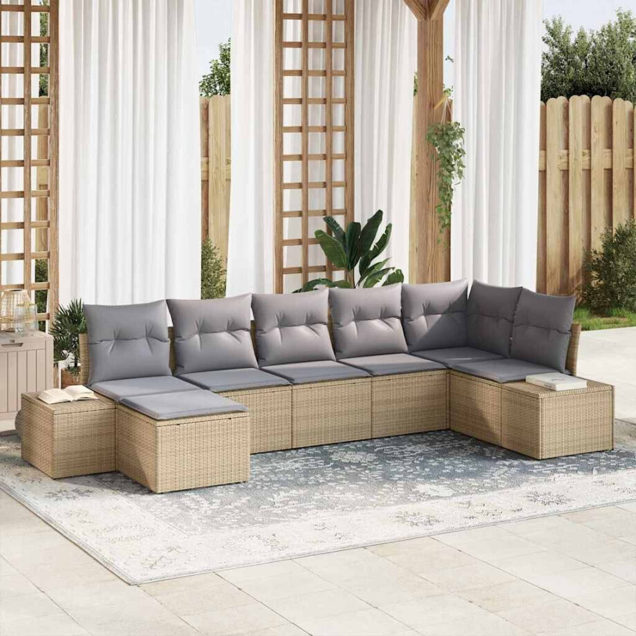 vidaXL Tuin Sofa Set met kussen met opslag 7 pcs Beige poly rattan afbeelding 1