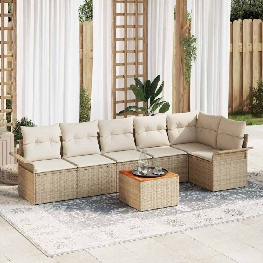 vidaXL 7-delige tuinsalonset met kussens, beige poly rattan en acacia afbeelding 1