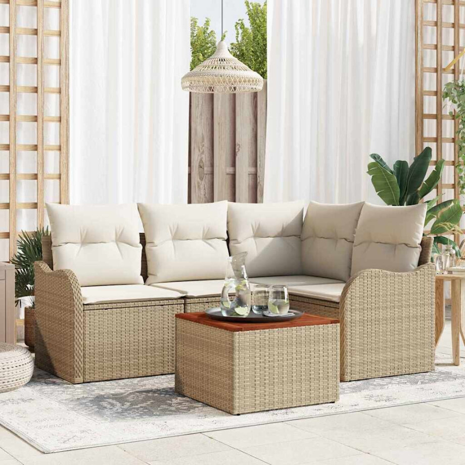 vidaXL Tuin Sofa Set 5 pcs Beige, wit Groot Rieten, Hout vidaXL Tuin Sofa Set 5 pcs Beige, wit Groot Rieten, Hout afbeelding 1