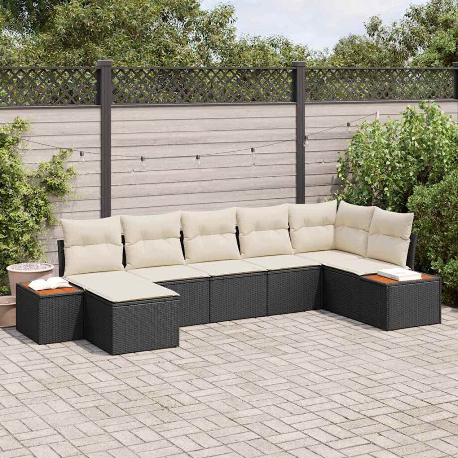 vidaXL Tuin Sofa Set met kussen 7 pcs Zwart en Crème Poly Rattan afbeelding 1