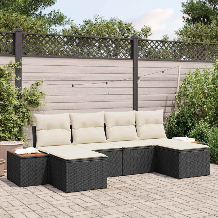 vidaXL Tuin Sofa Set met kussen 6 pcs Zwart en Crème Poly Rattan afbeelding 1