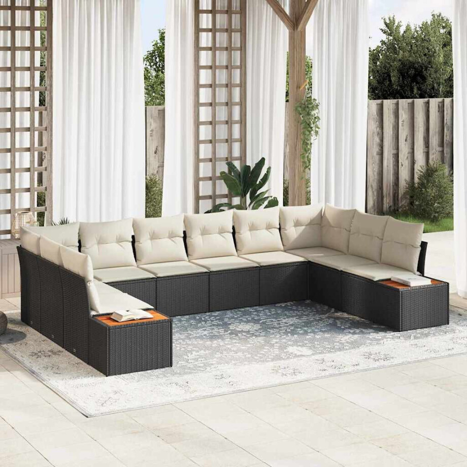 vidaXL Tuin Sofa Set met kussen 10 pcs Zwart en crème Poly riet afbeelding 1