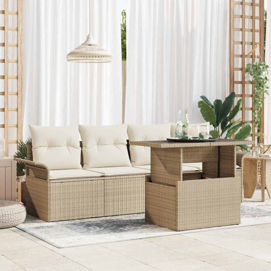 vidaXL Tuin Sofa Set met kussen met opslag 5 pcs Beige Poly Rattan afbeelding 1