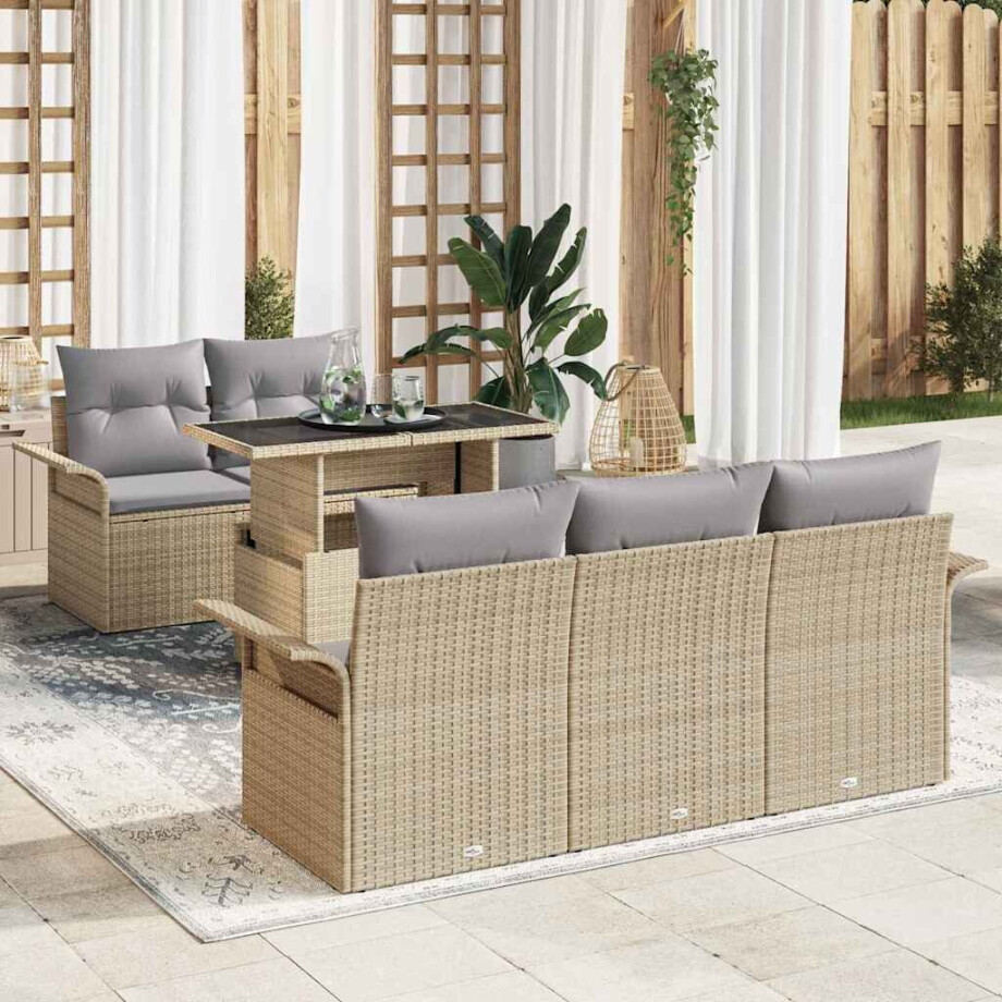 vidaXL Tuin Sofa Set met kussen met opslag 6 pcs Beige Poly Rattan afbeelding 1