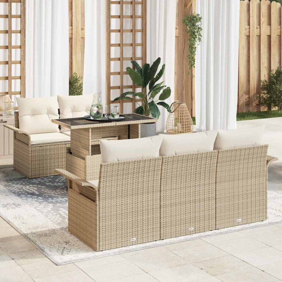 vidaXL Tuin Sofa Set met kussen met opslag 6 pcs Beige Poly Rattan afbeelding 1