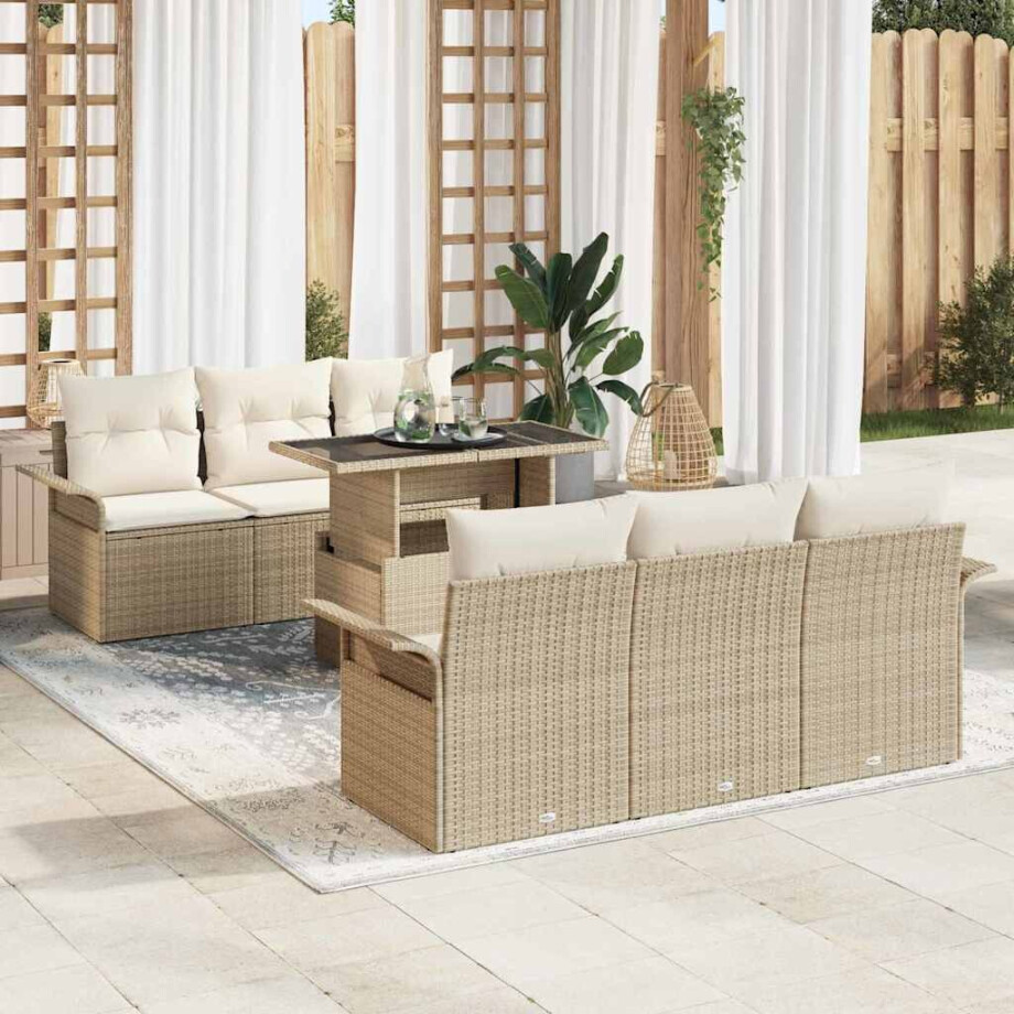 vidaXL Tuin Sofa Set met kussen met opslag 7 pcs Beige Poly riet afbeelding 1