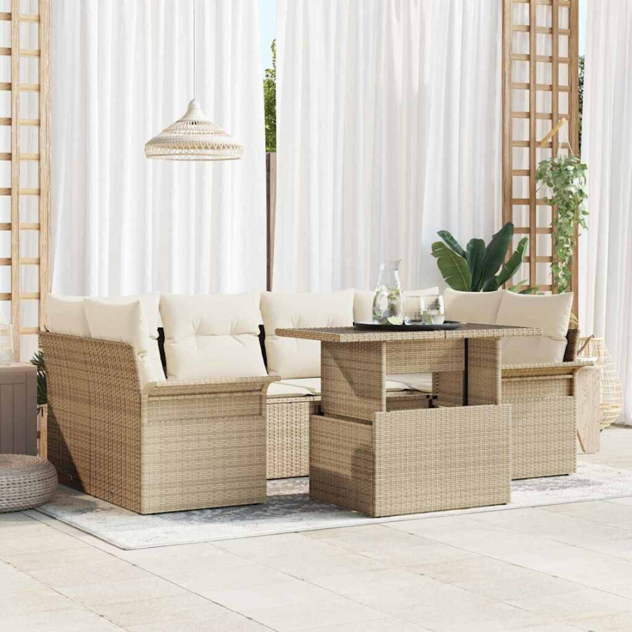 vidaXL Tuin Sofa Set met kussen met opslag 7 pcs Beige Poly Rattan afbeelding 1