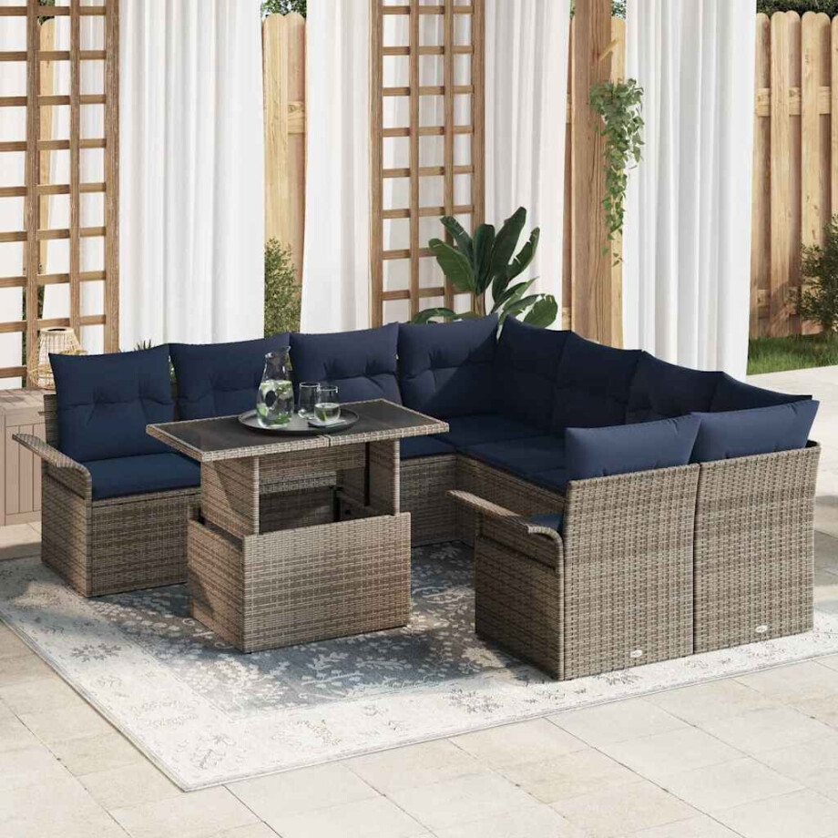 vidaXL Tuin Sofa Set met kussen met opslag 9 pcs Grijs Poly Rattan afbeelding 1