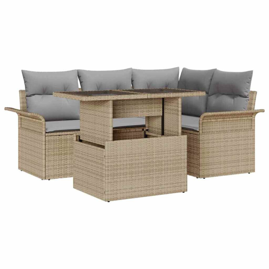 vidaXL Tuin Sofa Set met kussen met opslag 5 pcs Beige Poly riet afbeelding 1