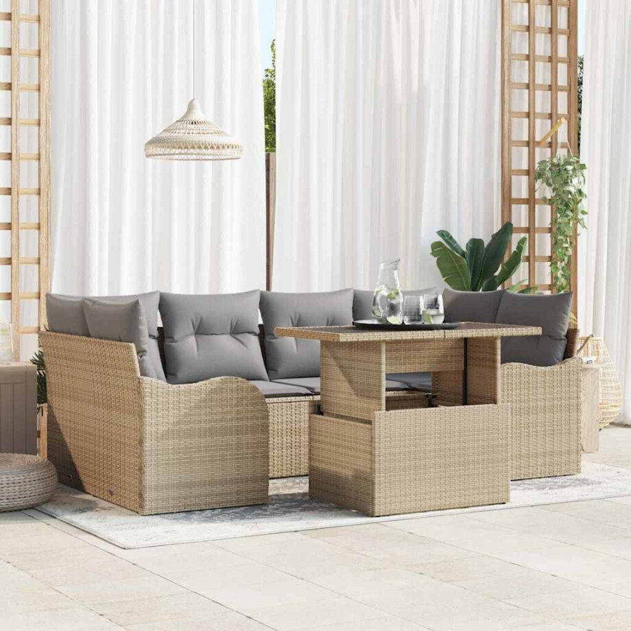 vidaXL Tuin Sofa Set met kussen met opslag 7 pcs Beige Poly Rattan afbeelding 1