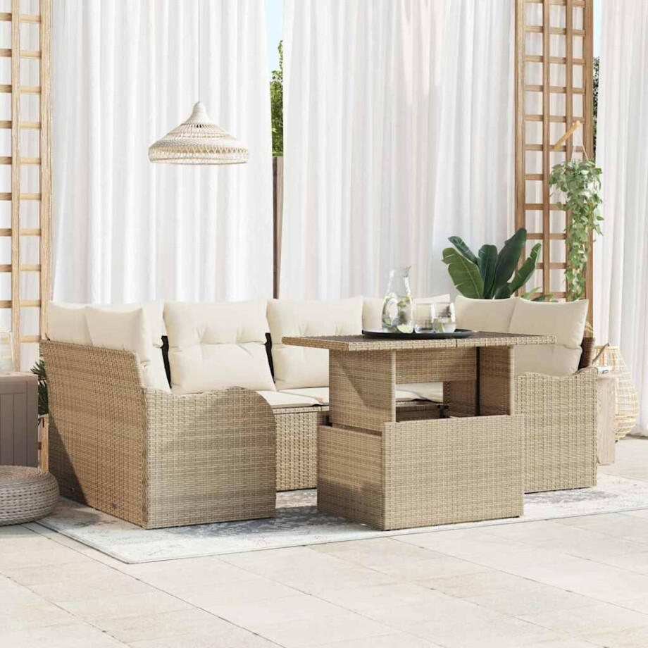 vidaXL Tuin Sofa Set met kussen met opslag 7 pcs Beige Poly Rattan afbeelding 1