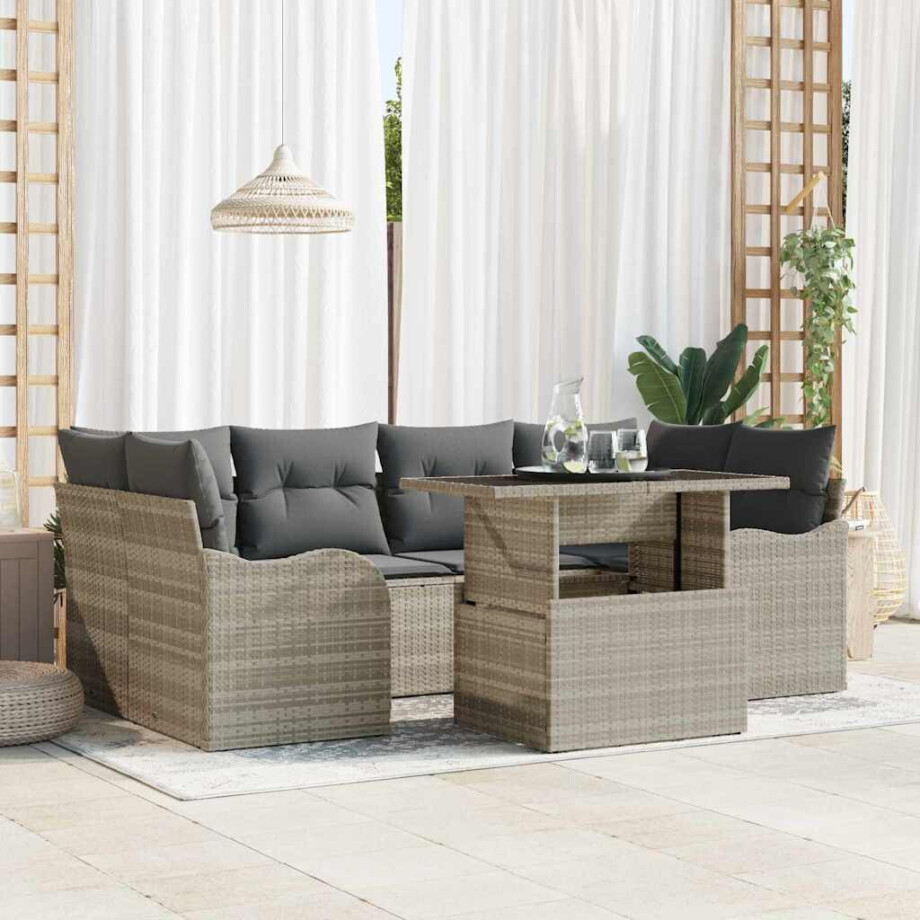 vidaXL Tuin Sofa Set met kussen 7 pcs Lichtgrijs Poly Rattan afbeelding 1