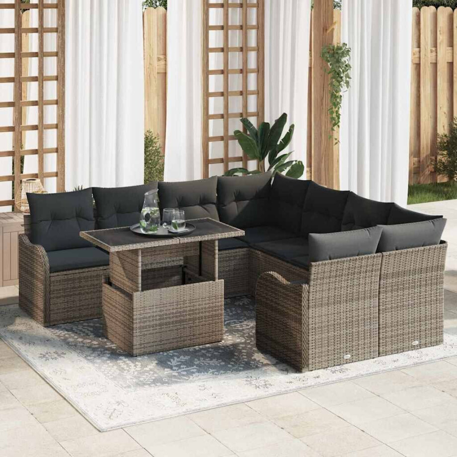 vidaXL Tuin Sofa Set met kussen met kussen 9 pcs Grijs Poly Rattan afbeelding 1