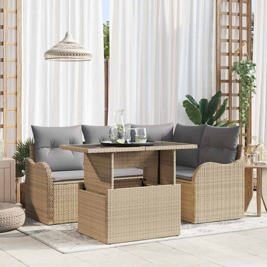 vidaXL Tuin Sofa Set met kussen met kussen 5 pcs Beige Poly Rattan afbeelding 1