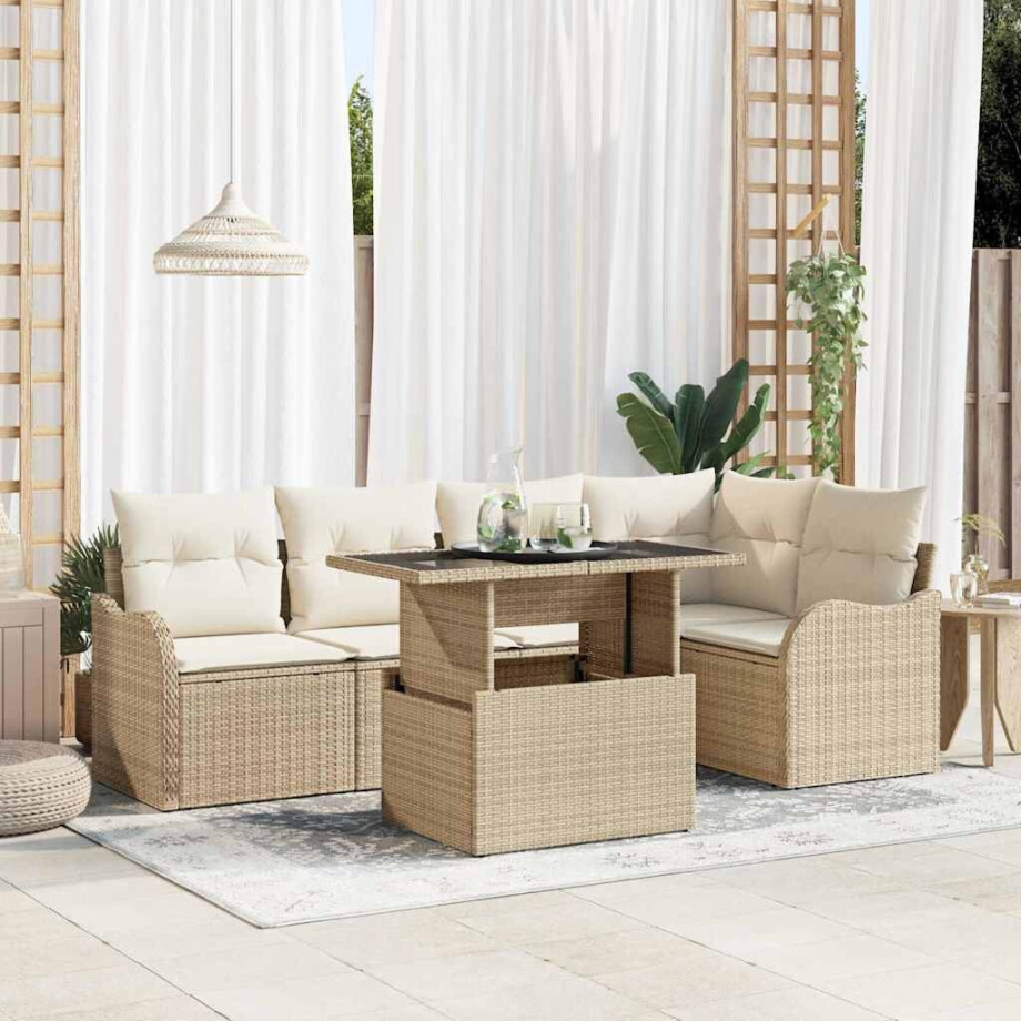 vidaXL Tuin Sofa Set met kussen met kussen 6 pcs Beige Poly Rattan afbeelding 1