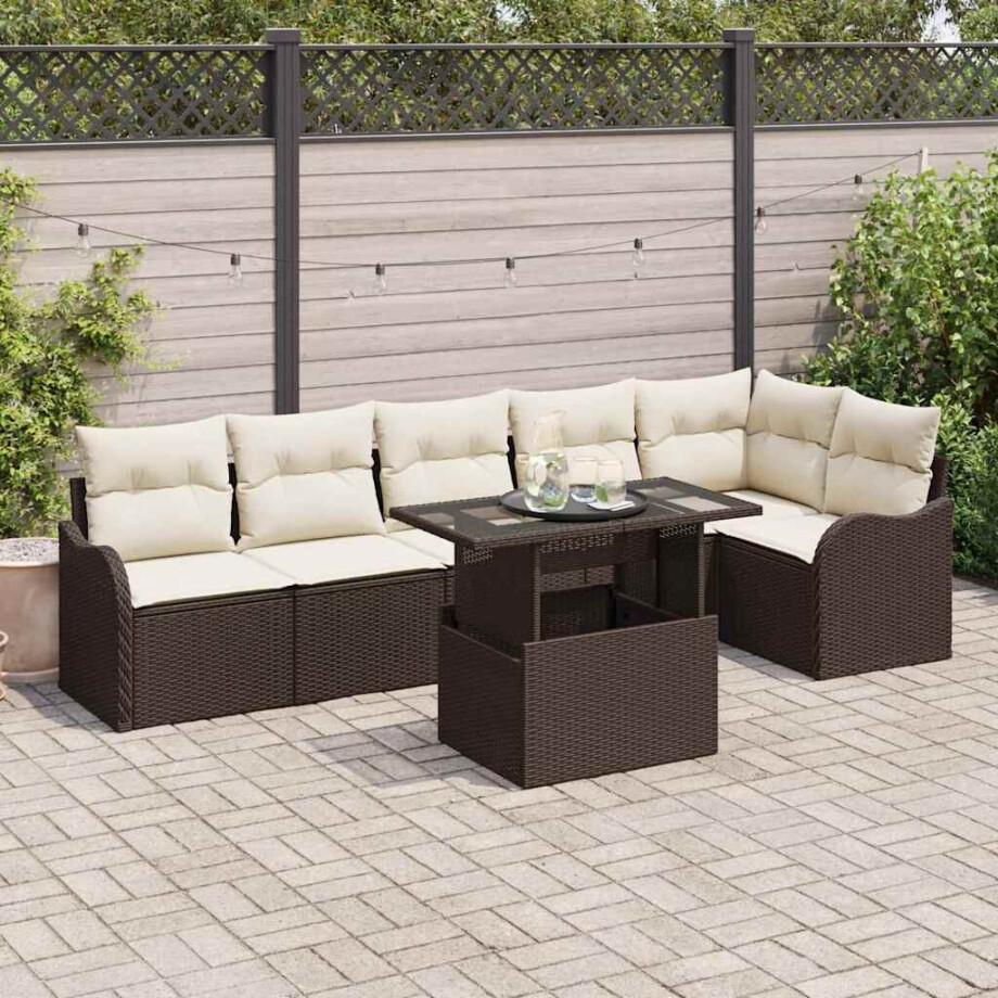 vidaXL Tuin Sofa Set met kussen met kussen 7 pcs Bruin Poly Rattan afbeelding 1