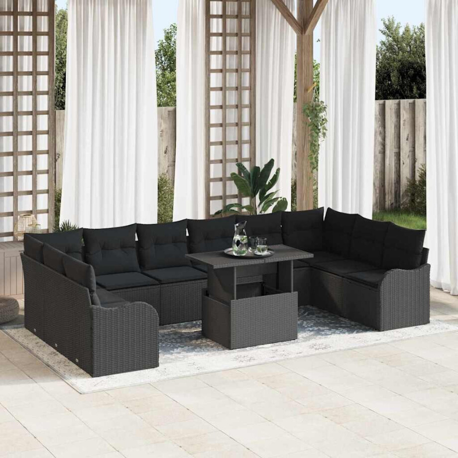 vidaXL Tuin Sofa Set met kussen met kussen 11 pcs Zwart Poly Rattan afbeelding 1