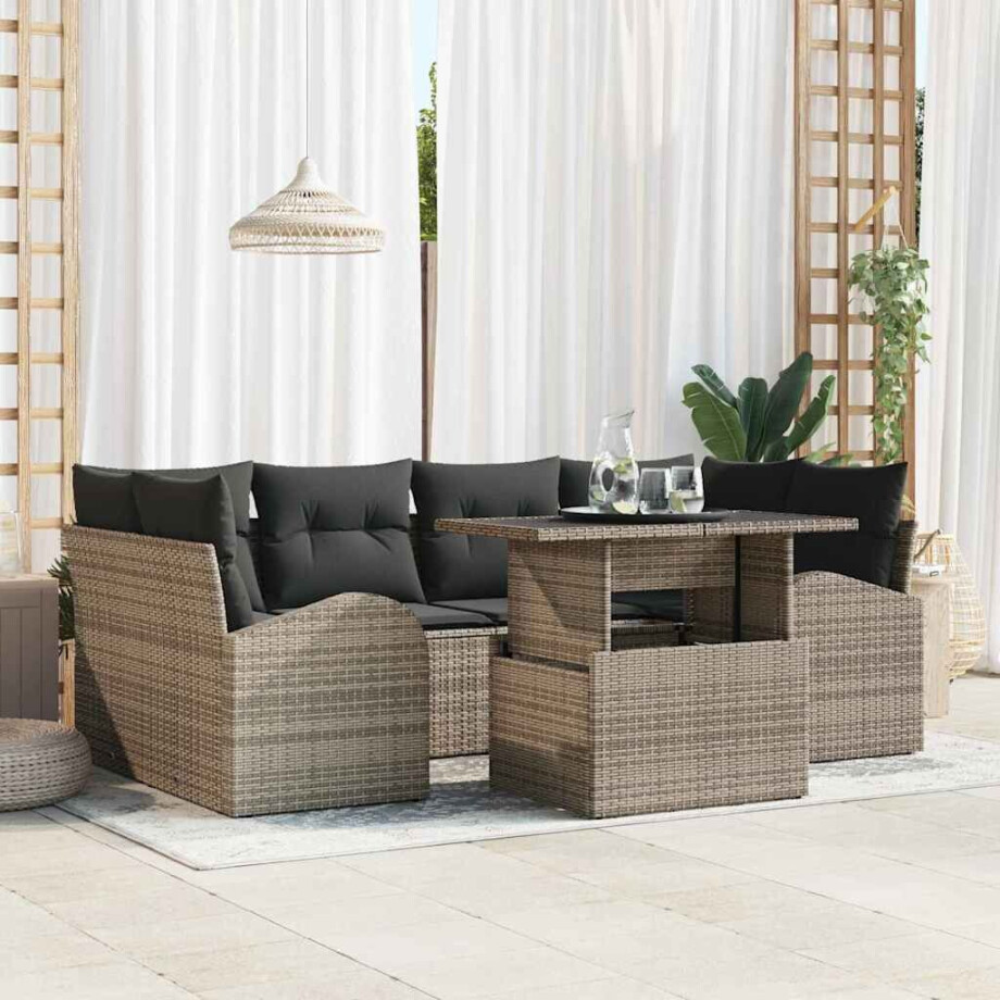 vidaXL Tuin Sofa Set met kussen met opslag 7 pcs Grijs Poly Rattan afbeelding 1