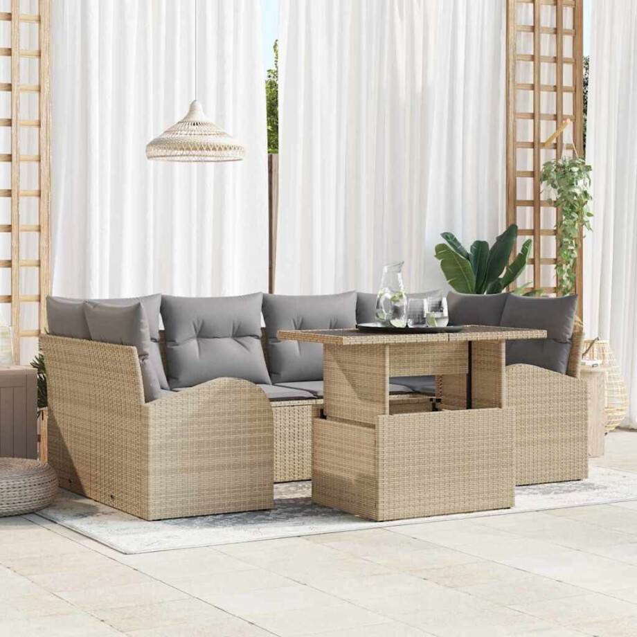 vidaXL Tuin Sofa Set met kussen met opslag 7 pcs Beige Poly Rattan afbeelding 1