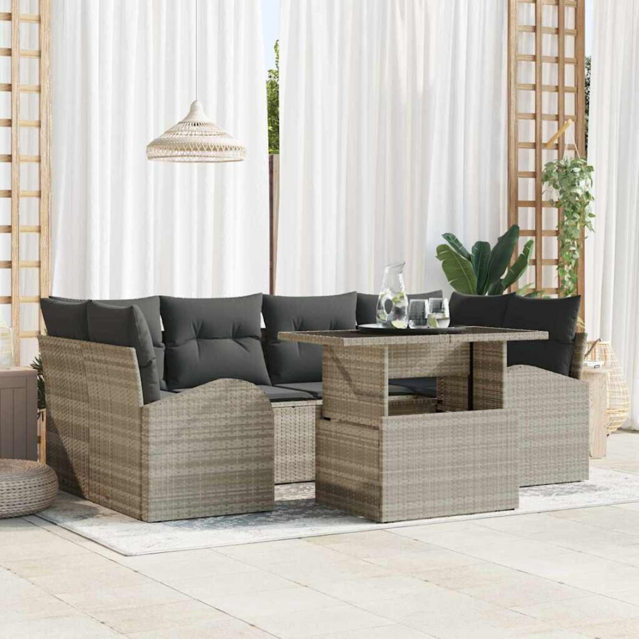 vidaXL Tuin Sofa Set met kussen 7 pcs Lichtgrijs Poly Rattan afbeelding 1