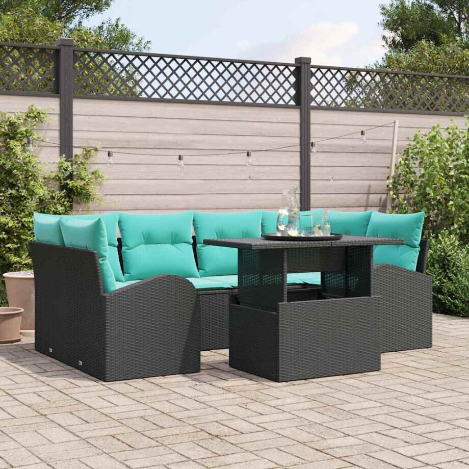 vidaXL Tuin Sofa Set met kussen met opslag 7 pcs Zwart en Turquoise afbeelding 1
