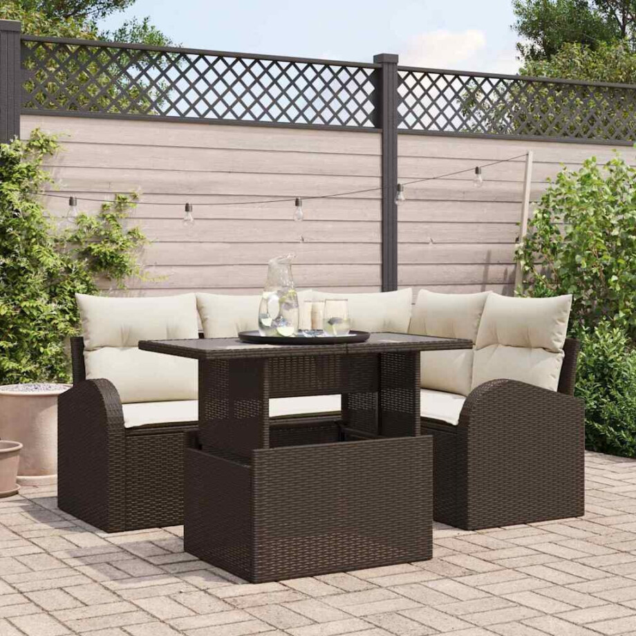 vidaXL Tuin Sofa Set met kussen met opslag 5 pcs Bruin Poly riet afbeelding 1