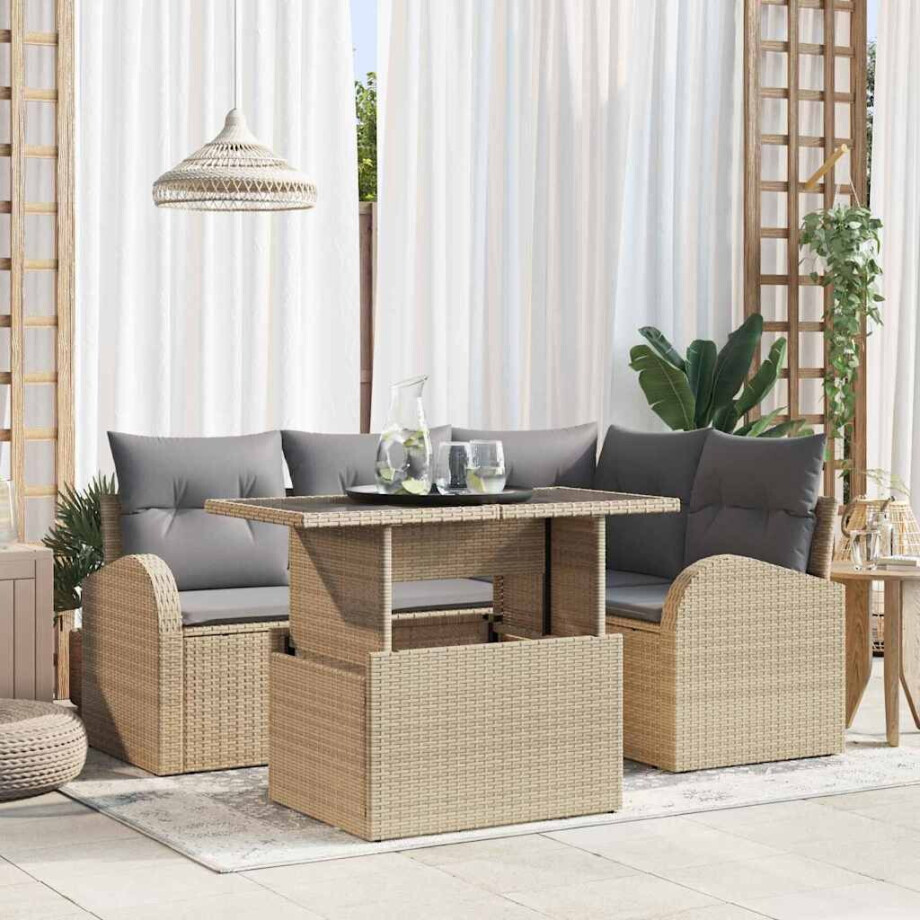 vidaXL Tuin Sofa Set met kussen met opslag 5 pcs Beige Poly riet afbeelding 1
