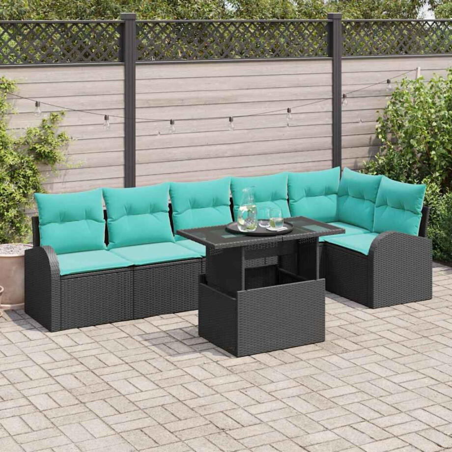 vidaXL Tuin Sofa Set met kussen met opslag 7 pcs Zwart Poly riet afbeelding 1