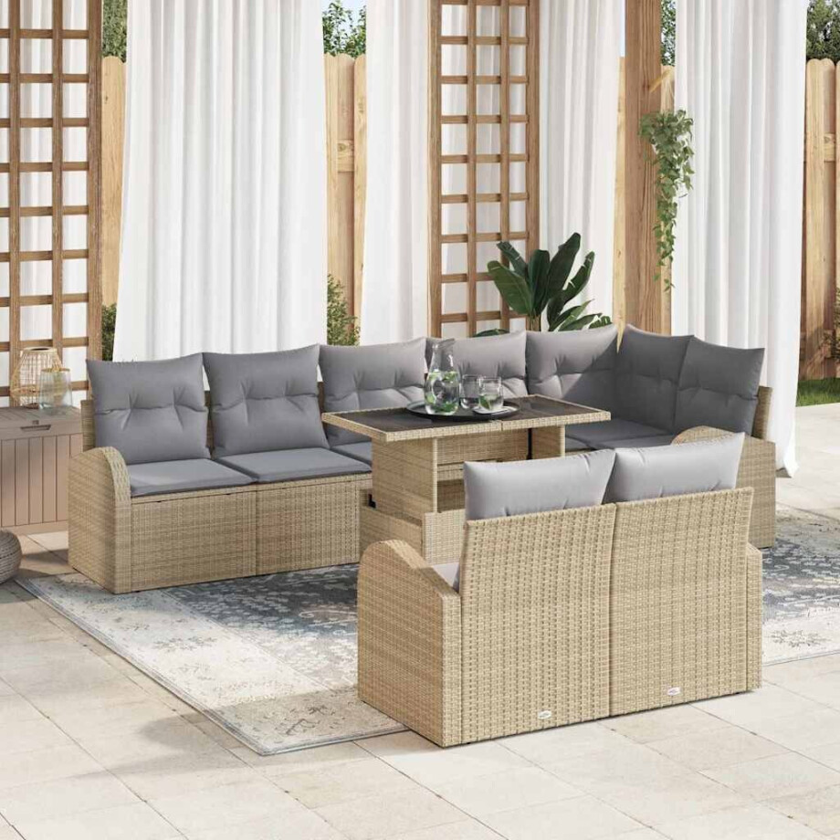 vidaXL Tuin Sofa Set met kussen met opslag 9 pcs Beige Poly riet afbeelding 1