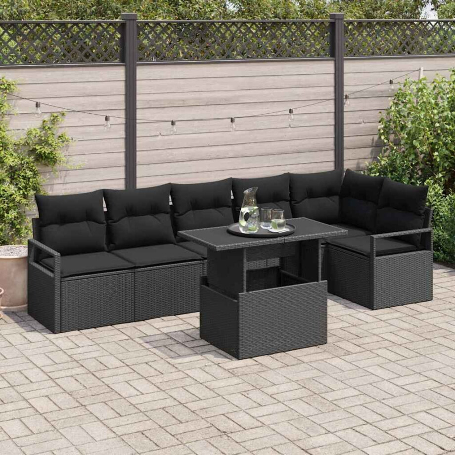 vidaXL Tuin Sofa Set met kussen met opslag 7 pcs Zwart Poly riet afbeelding 1