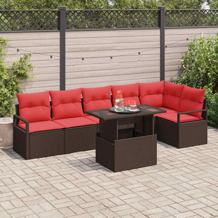 vidaXL Tuin Sofa Set met kussen met opslag 7 pcs Bruin Poly riet afbeelding 1