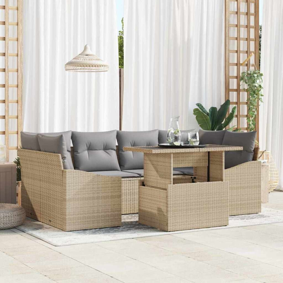 vidaXL Tuin Sofa Set met kussen met opslag 7 pcs Beige poly rattan afbeelding 1