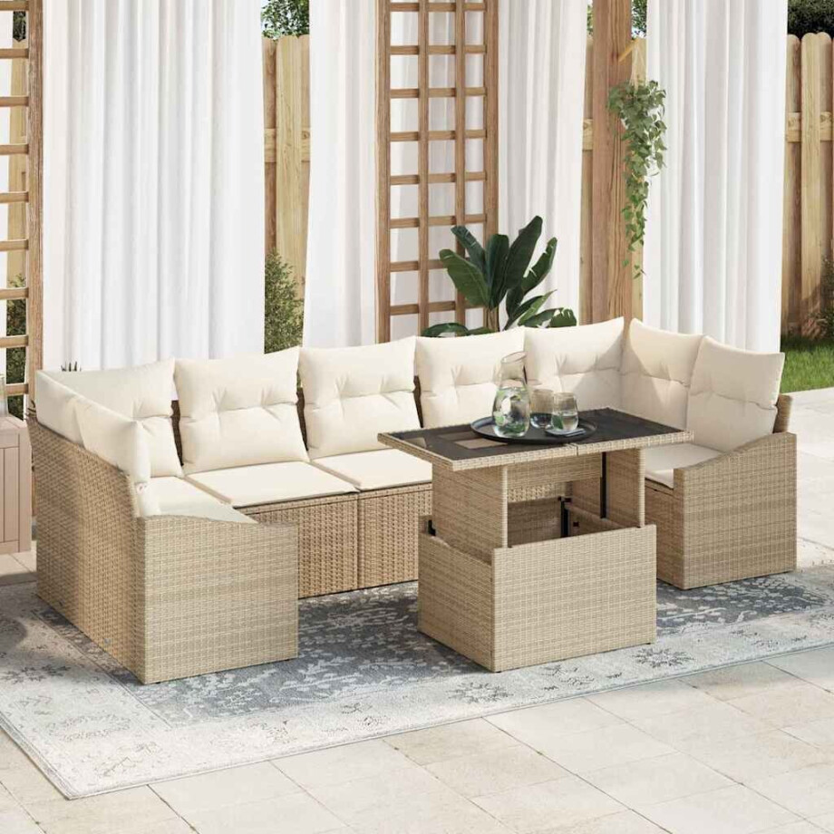 vidaXL Tuin Sofa Set met kussen met opslag 8 pcs Beige poly rattan afbeelding 1