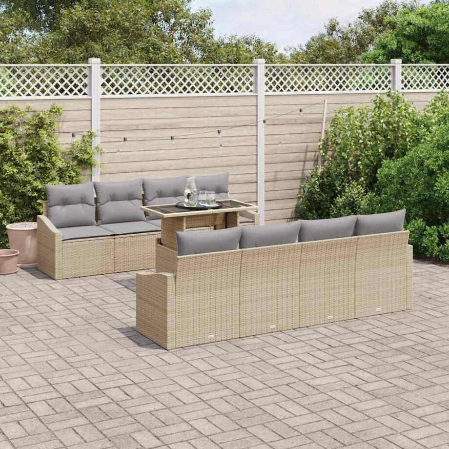vidaXL Tuin Sofa Set met kussen met opslag 9 pcs Beige poly rattan afbeelding 1