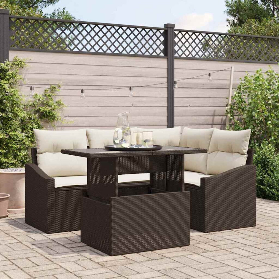 vidaXL Tuin Sofa Set met kussen met opslag 5 pcs Bruin en Crème afbeelding 1