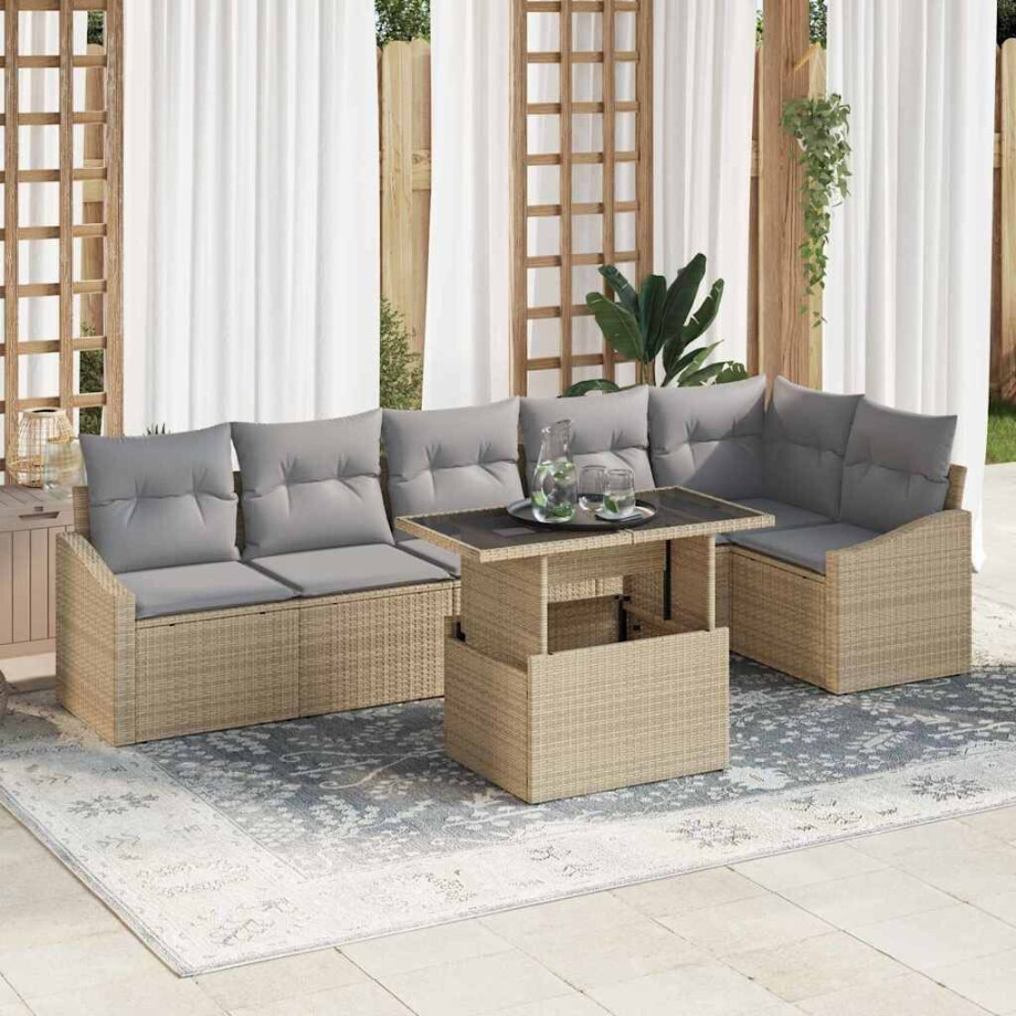 vidaXL Tuin Sofa Set met kussen met opslag 7 pcs Beige en Licht Grijs afbeelding 1