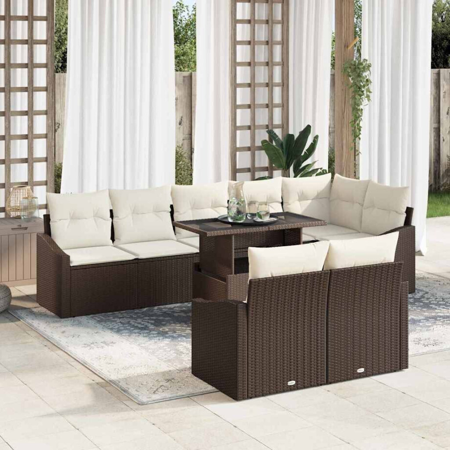 vidaXL Tuin Sofa Set met kussen met opslag 9 pcs Bruin en Crème afbeelding 1
