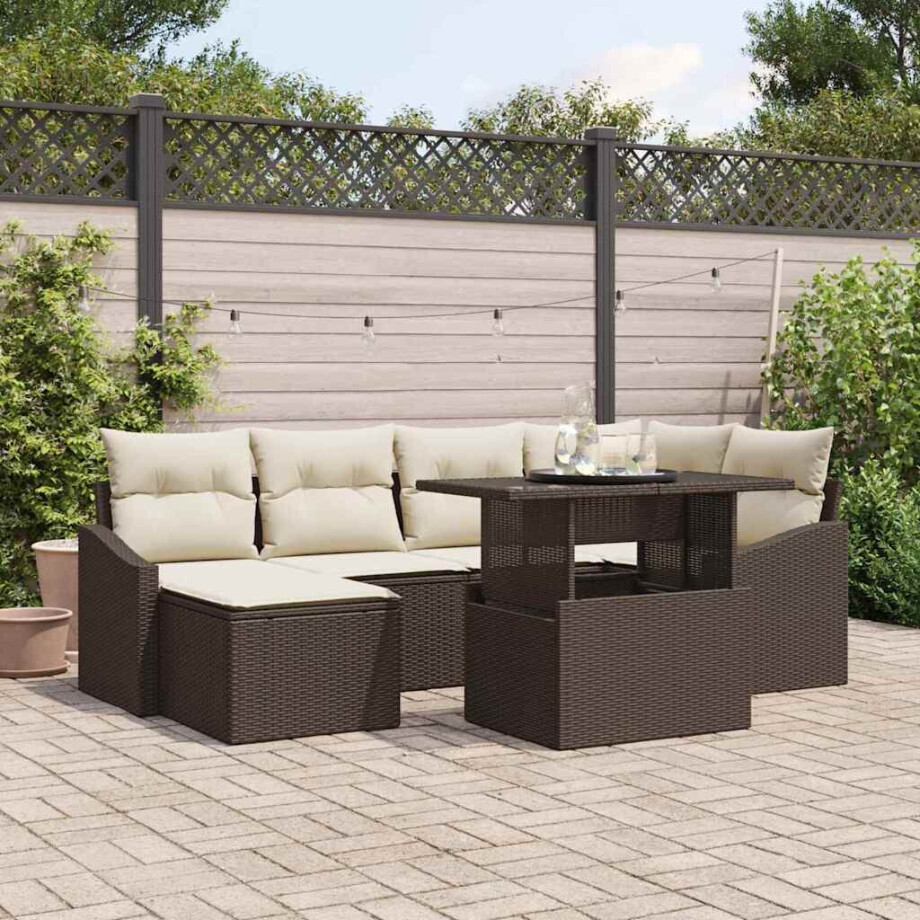 vidaXL Tuin Sofa Set met kussen met opslag 7 pcs Bruin en Crème afbeelding 1