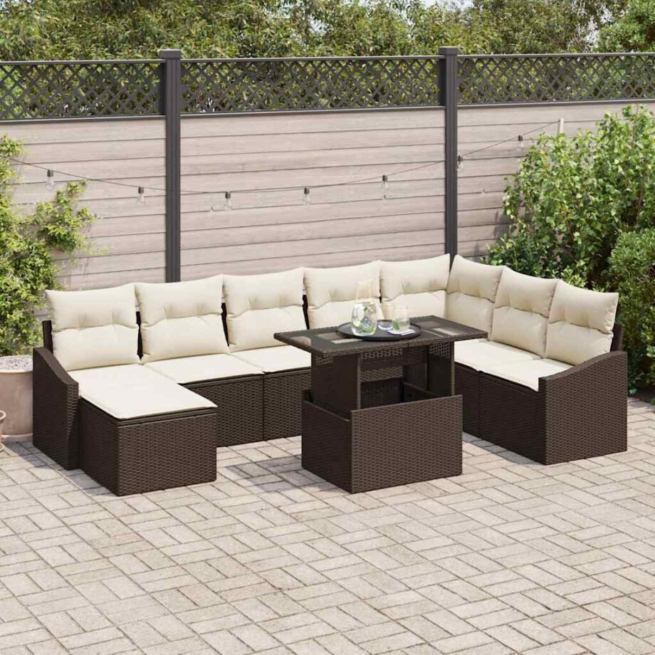 vidaXL Tuin Sofa Set met kussen met opslag 9 pcs Bruin en Crème afbeelding 1