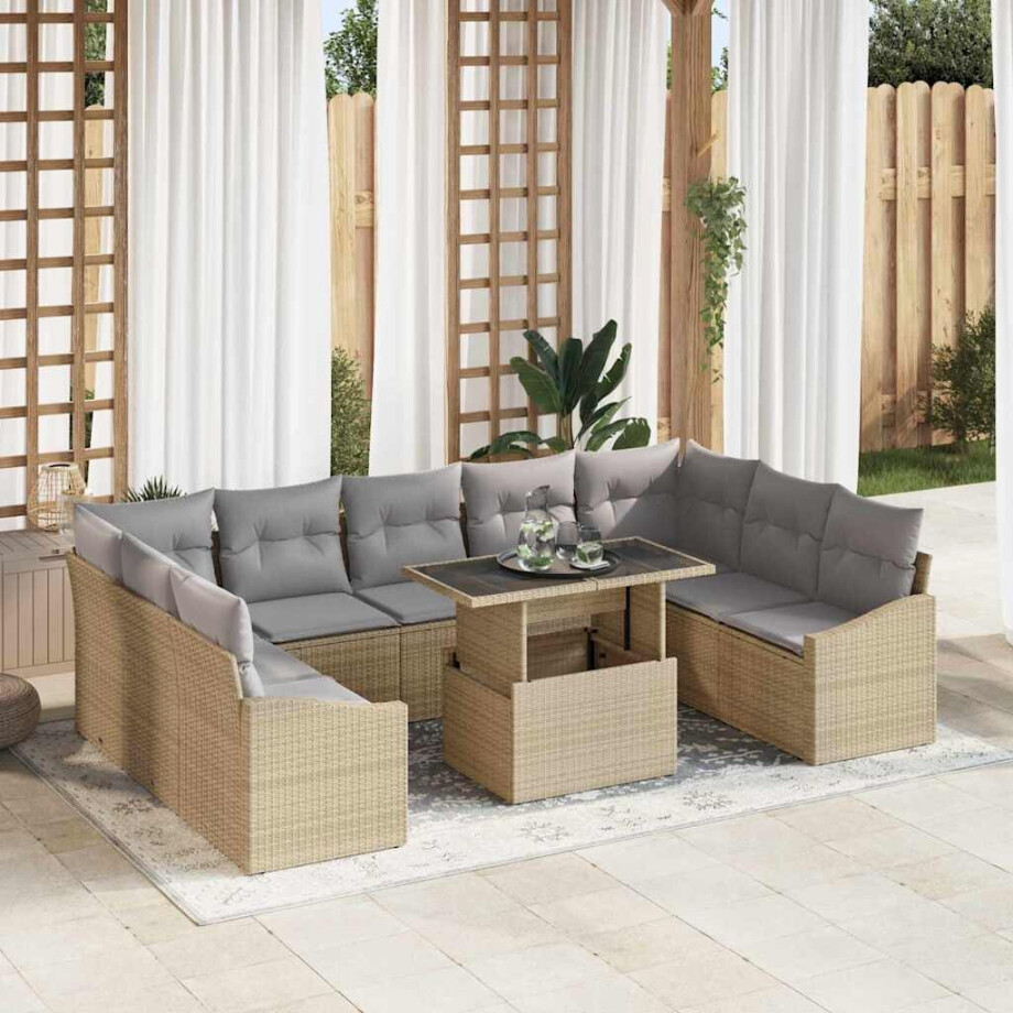 vidaXL Tuin Sofa Set met kussen met opslag 10 pcs Beige en Licht Grijs afbeelding 1