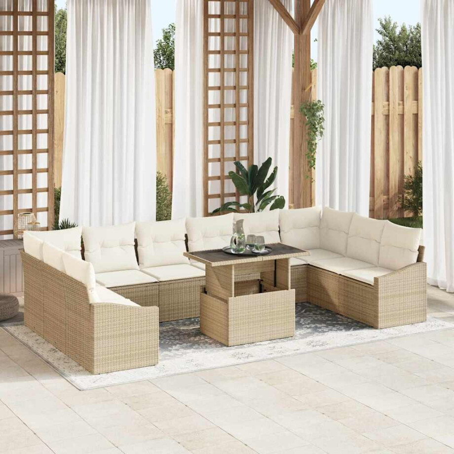 vidaXL Tuin Sofa Set met kussen met opslag 11 pcs Beige en Crème afbeelding 1
