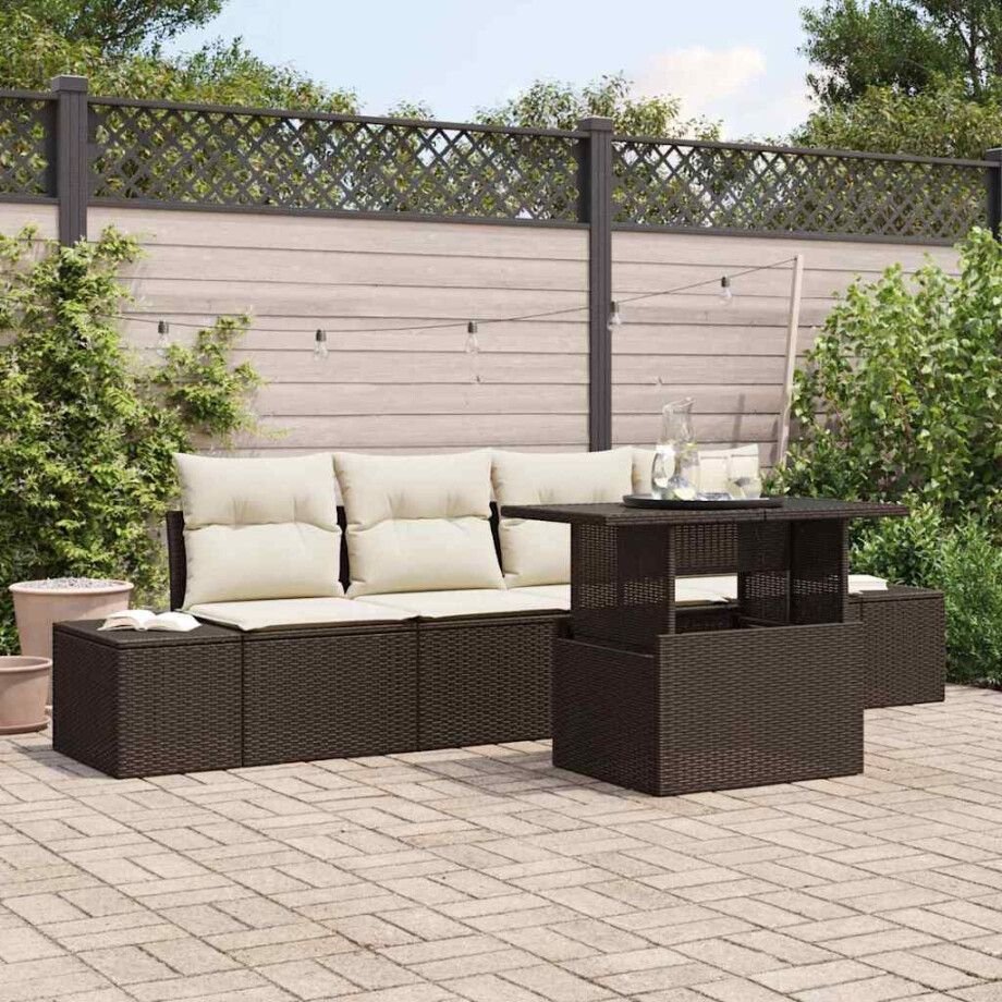 vidaXL Tuin Sofa Set met kussen met opslag 5 pcs Bruin en Crème afbeelding 1