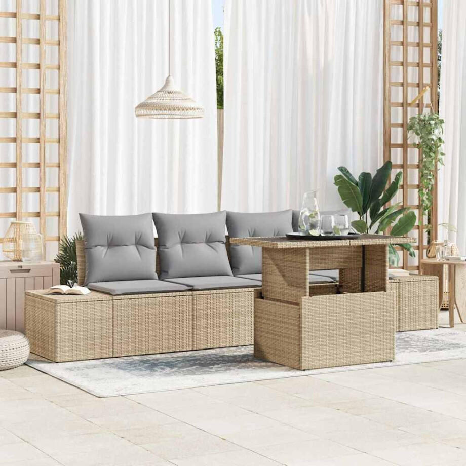 vidaXL Tuin Sofa Set met kussen met opslag 5 pcs Beige en Licht Grijs afbeelding 1