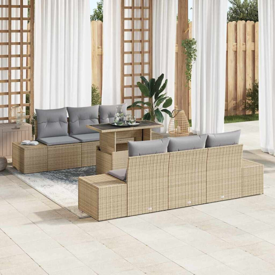 vidaXL Tuin Sofa Set met kussen 7 pcs Beige en Licht Grijs afbeelding 1